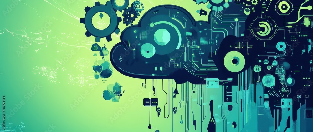 Poster a digital illustration of cloud technology with icons such as gears, binary code, and computer circu