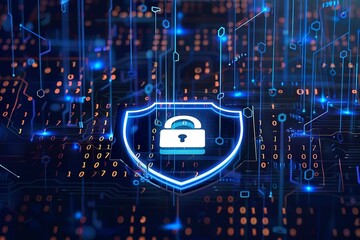 A digital illustration of cybersecurity with a blue shield and padlock icon on a dark background,
