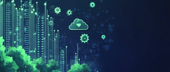 the concept of data storage in virtual clouds, with a green and blue color theme The background is a dark navy blue with white binary code patterns Generative AI
