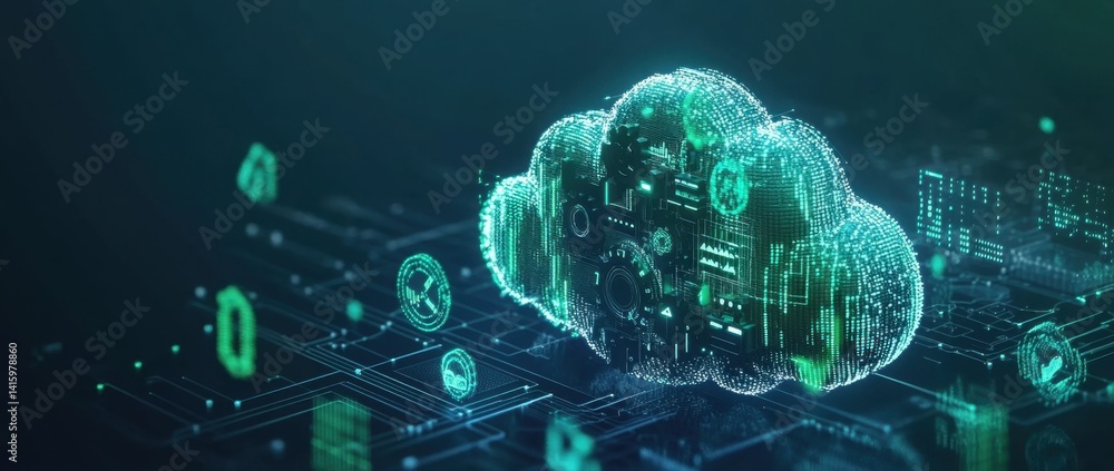 Poster a cloud with binary code and gears, symbolizing the integration of ai in cloud-based digital marketi