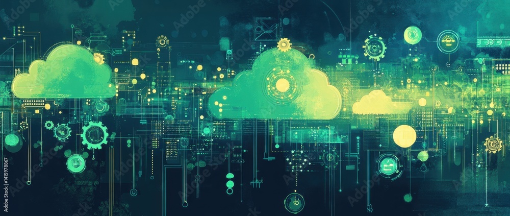 Poster a digital illustration of cloud technology with icons such as gears, binary code, and computer circu