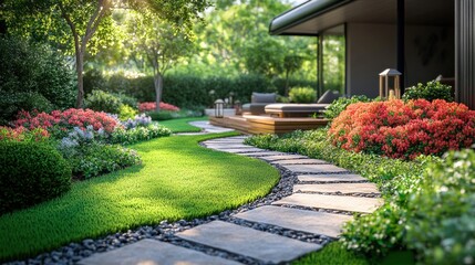 Serene backyard garden with colorful flowers, lush green lawn, stone pathway, and cozy outdoor seating area
