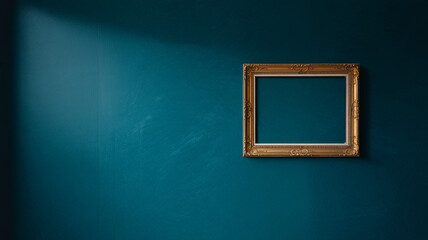 Gold picture frame on teal wall decor art gallery interior design blank canvas vintage style mockup 100
