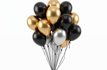 Elegant party decor gold, silver, black balloons on white. Festive celebration element for birthday, New Year wedding. Metallic balloons modern luxury design for holiday events. Isolated on white