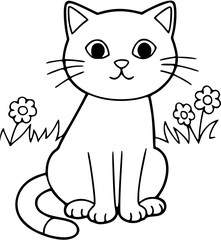 Obraz premium Cute Cat Sitting Among Flowers in Outline Style 