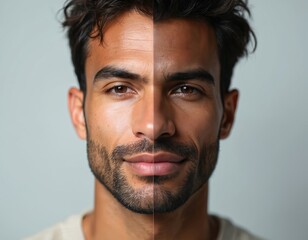 Obraz premium Split face portrait of a man with different skin tones. Concept of diversity and equality. Racial harmony, acceptance, multiculturalism in a globalized world. Face closeup with various expressions.