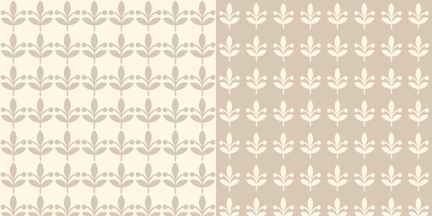Set of seamless vector patterns with plant element.. Soft pastel beige color palette, flat design, perfect for fabric, stationery, wrapping paper, home textile, wallpaper and banners.
