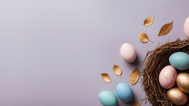 A horizontal nest filled with blue and golden Easter eggs, some scattered, set against a light pastel purple background and gold leaves