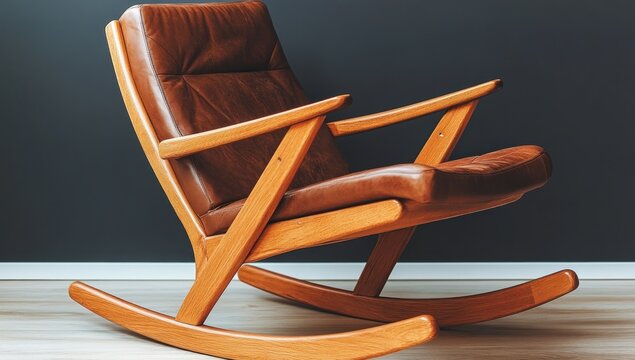 Fototapeta Relaxing in a leather rocking chair in a minimalist room