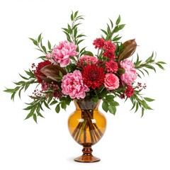 Fototapeta premium Arrangement of pink and red flowers in a brown glass vase still life isolated on white background