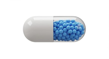 Capsule with blue beads inside on white background