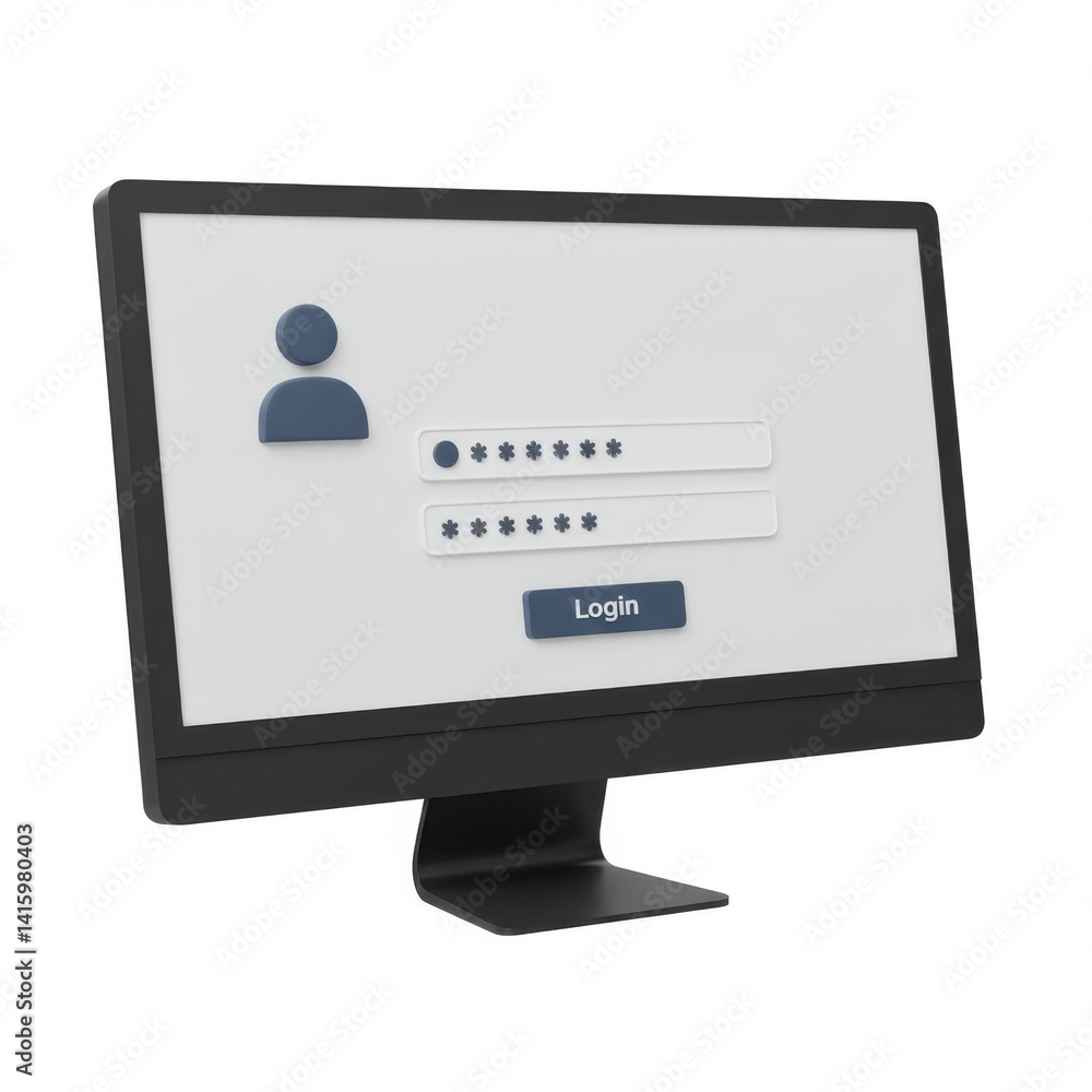Poster 3d login screen on computer monitor on white background