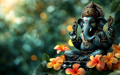 Serene Ganesha Statue: Teal Elegance Amidst Lush Blooms