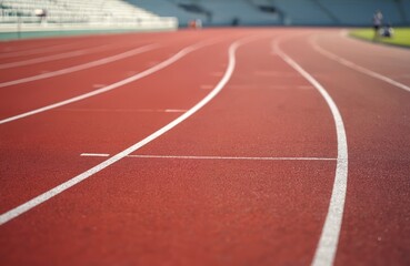 Close-up of red running track lines in empty stadium. White lines on track. No runners. Training, sport concept. Competition, healthy lifestyle, fitness, running.