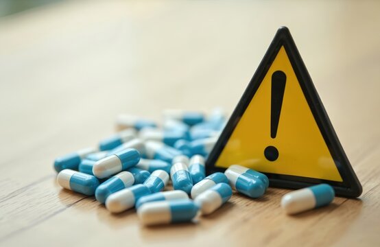 Warning sign with exclamation point near pills. Dosage, prescription medication treatment, health care. Pharmacy medical, healthcare alert with capsules, tablets, pills. Remedy, drug use caution