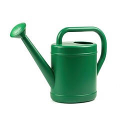A green plastic watering can with a spout and handle is displayed isolated on white background