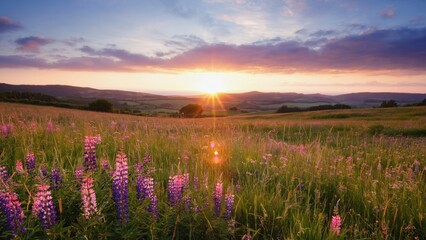 Naklejka premium A tranquil scene of a field blooming with purple flowers at sunset.