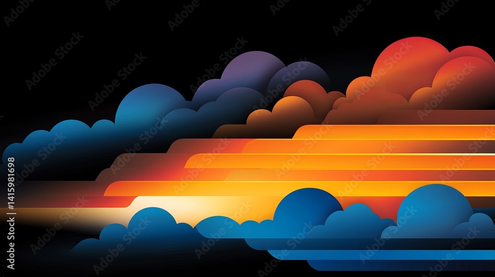 Poster stylized clouds are layered horizontally across a black background with gradients and rounded shapes