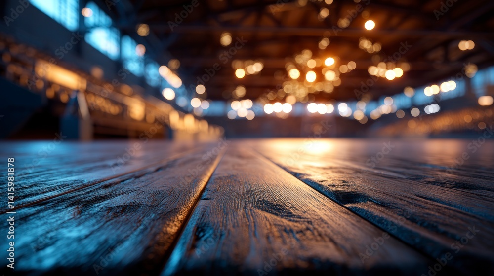 Poster wooden floor with blurred lights creating a warm and atmospheric setting