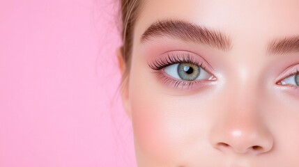 Fototapeta premium Close-up of a woman's face with subtle makeup. Soft, natural makeup look featuring a touch of blush and eyeshadow, and beautifully defined eyebrows. Healthy, glowing skin