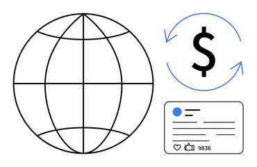 Globe representing worldwide connection, currency symbol within arrows for financial exchange, social media post with thumbs ups for digital interaction. Ideal for fintech, e-commerce, globalization