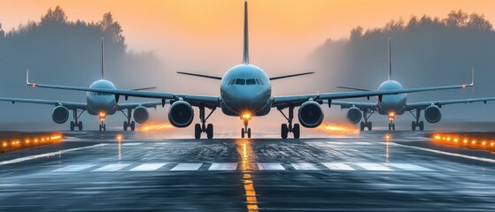 Three airplanes taxiing on runway at sunrise. Travel, transport concept