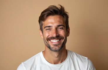 Obraz premium Happy handsome man portrait on beige background. Smiling businessman with fresh haircut and beard. Fashion male model in white t-shirt smiles with perfect white teeth, looking straight.