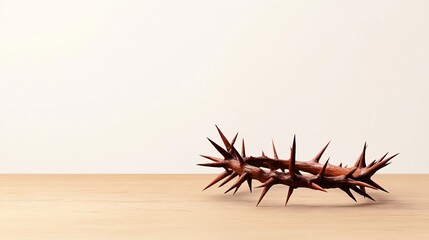 Fototapeta premium Thorn crown sits centered on a light wooden surface against a creamy neutral background, casting a soft shadow.
