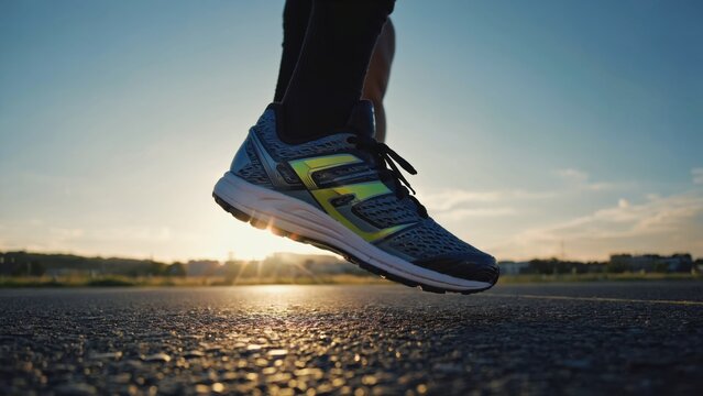 An athlete wearing a pair of asics running shoes, ready to run on the street at sunset.