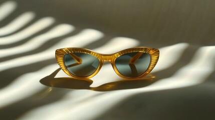 Yellow cat-eye sunglasses on white fabric, sunlit. Lifestyle photo for fashion ads