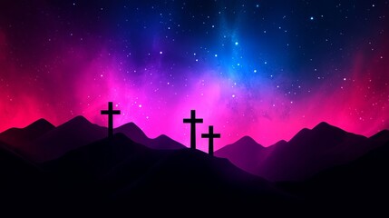 Three crosses stand silhouetted atop dark rolling hills under a vibrant and colorful starry galaxy.