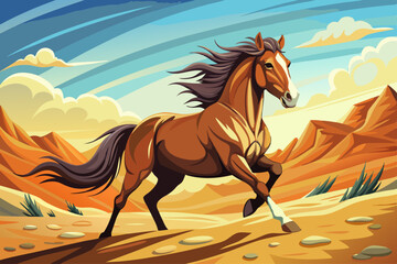 Obraz premium vector of Running a bay horse in the sands of the desert