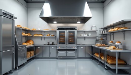 Modern bakery kitchen interior with commercial stainless steel equipment. Pro oven, refrigerator, bread, bun, shelves, table shown. Clean eatery with white walls, floor, cement. Baking ingredients