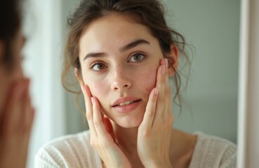 Young woman skincare routine in minimalist setting. Gently touches face with hands looking mirror. Acne therapy, skin problems, scars, inflammation, cosmetology concepts.