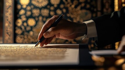 Close up of politician's hand signing an important document with a luxurious pen, against a backdrop of ornate golden decor, suggesting political power and decision making