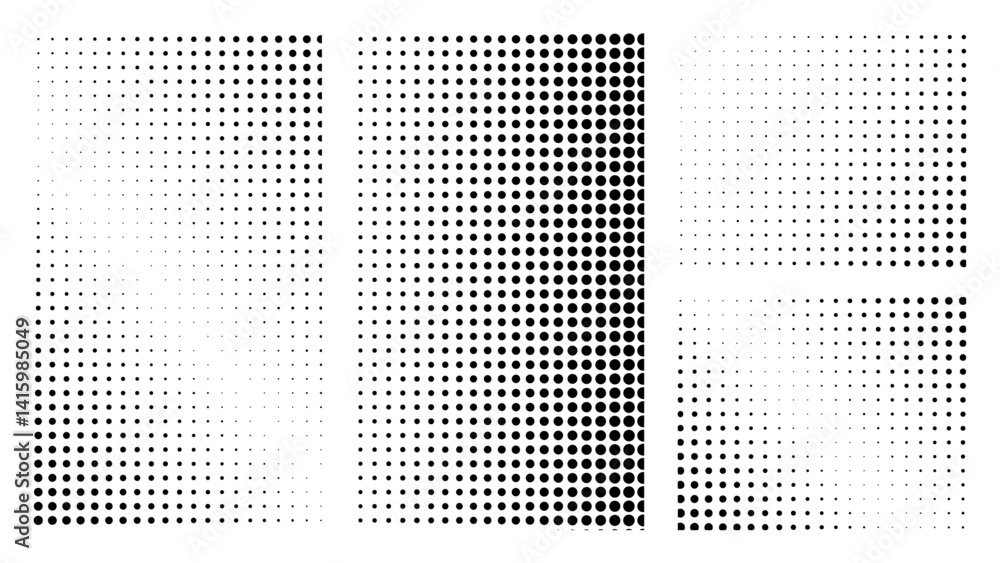 Poster halftone dot rectangle gradient texture vector set with transparent background, black and white retr
