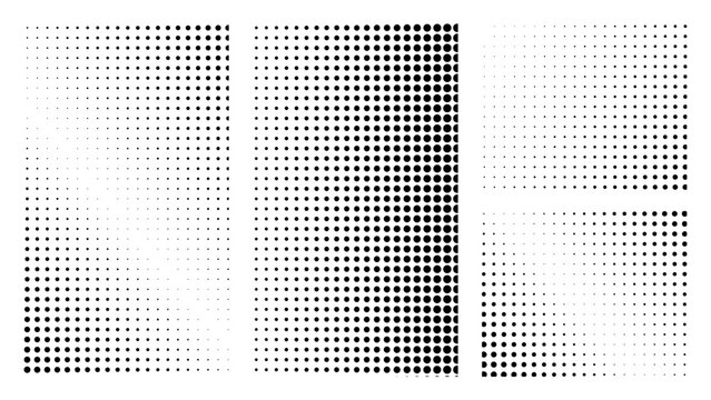Halftone Dot rectangle Gradient Texture Vector Set with Transparent Background, Black and White Retro Comic Dotted Overlay Patterns, Abstract Grayscale Dot Mesh Effect, Minimal Grainy Pop Art Texture 