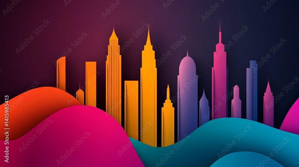 Poster vibrant multicolored city skyline features various buildings against a dark background with undulati