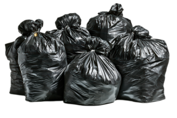 Several Black Garbage Bags are Piled Together in a Disorganized and Overflowing Manner