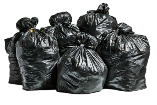Several Black Garbage Bags are Piled Together in a Disorganized and Overflowing Manner