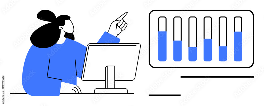 Poster person pointing at a bar graph on screen, emphasizing data analysis and trends. ideal for analytics,