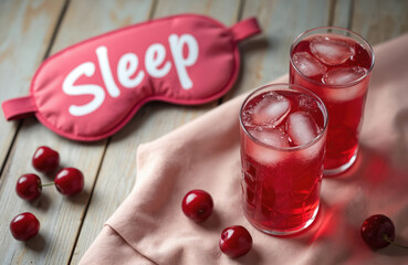 Two refreshing glasses of cherry mocktail with ice cubes. Sleep mask on wooden table, cherries, good drink to calm down. Cocktail is trendy, popular, perfect for deep sleeping.