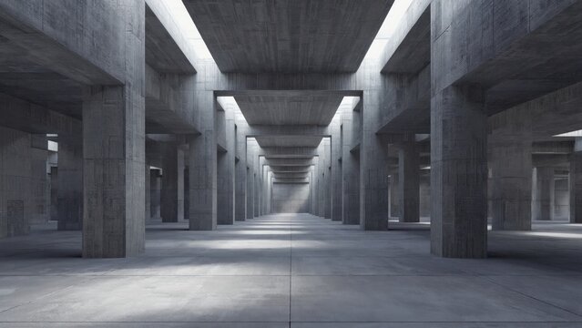Interior of large empty concrete building with multiple pillars and skylights.