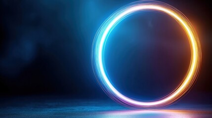 Neon laser circle glowing ring with blue ray and light effects on a bright background