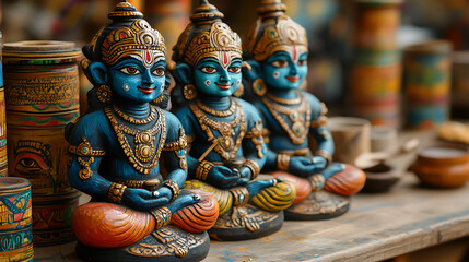 Vibrant Blue Deities: Ornate Indian Statues in Serene Pose