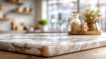 Obraz premium Close Up of Marble Countertop in Bright Kitchen Interior Setting