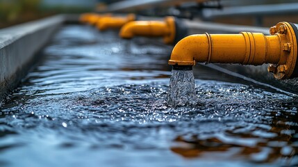 Water flows from yellow industrial pipes into treatment basin, reflecting clean and efficient