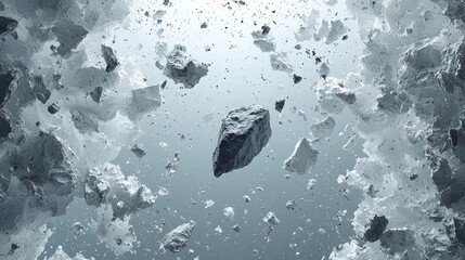 dramatic depiction of floating rocks and debris in zero gravity environment