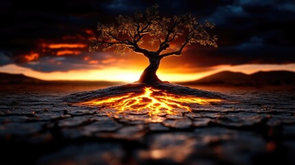 A lone tree stands amidst cracked earth, its roots glowing with volcanic heat, against a dramatic sunset.  A powerful image of resilience