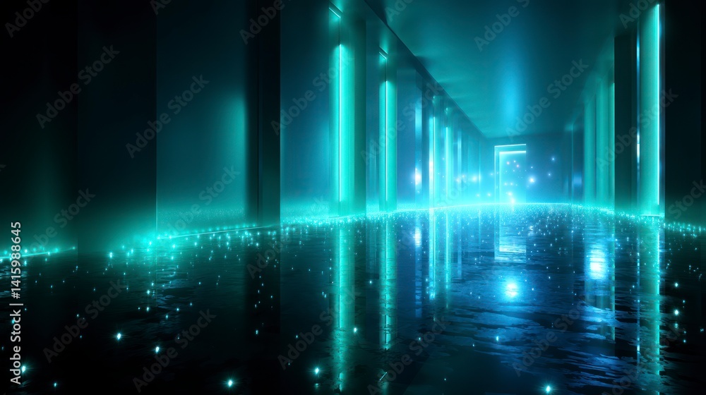 Poster illuminated corridor with glowing lights and floor reflection creating futuristic scene